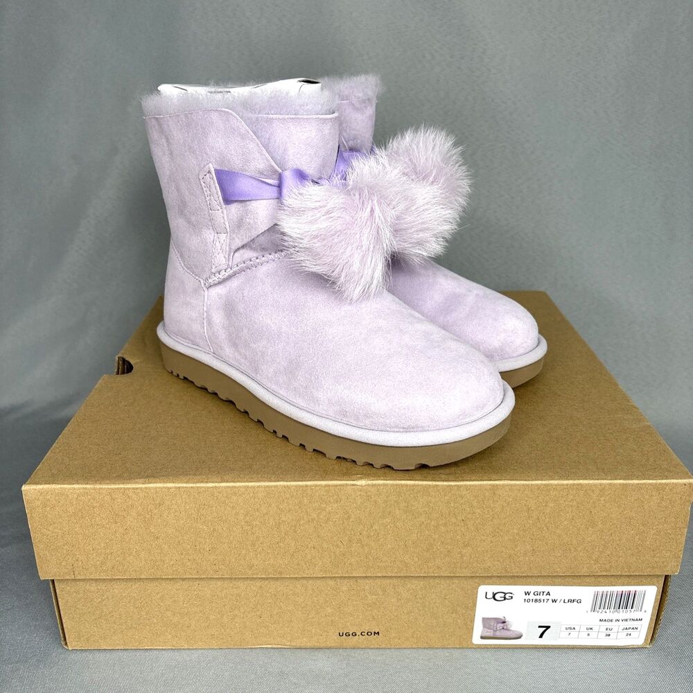 Womens Ugg Boots Sz 7 Gita Bailey Pompoms LRFG Lavender Fog Purple Coquette RARE
